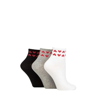 Image of Women&#039;s 3 Pair SOCKSHOP Wildfeet Plain Mid Cut Ribbed Crew Socks White / Grey Black Hearts 4 8