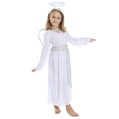 Image of Kids Angel Costume X Large White Dress With Silver Details + Halo Headband Girls Fancy Christmas Nativity