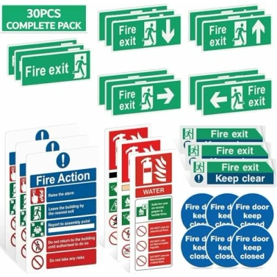 Image of Rubigo Complete Safety 30pk Fire Exit Sign (Right, left, Up, Down, No Arrow) Keep Clear Sign, Extinguisher Signs 30 X 10cm Self Adhesive Vinyl Stickers(30 Pack)