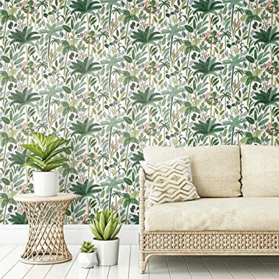 Image of RoomMates RMK11640RL Tropical Eden, Vinyl, Green and White, 45.72 cm x 5.74 m