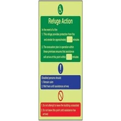 Image of V Safety Glow In The Dark Refuge Fire Action Notice Sign 200mm x 300mm Self Adhesive Vinyl
