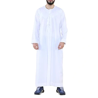 Image of Infinity Leather Mens Thobe Jubba Saudi Islamic Arab Eid Emirati Kaftan Jubbah Tassel Robe White