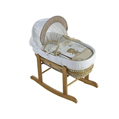 Image of ELEGANT BABY Beary Nice Cream Palm Moses Basket with Deluxe Natural Rocking Stand, Adjustable Hood, Fibre Mattress &amp; Padded Liner