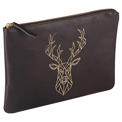 Image of Clairefontaine Ref 410185C Black Forest Leather Universal Pouch 27 x 9cm, Made From Genuine Lambskin Leather, Metal Zip With Puller Deer