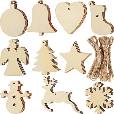 Image of Quesuc 100 Pieces Christmas Wooden Ornaments Round Wood Slices Snowflake Angel Star Shape Tree Hanging Embellishments with Cords (Style 1)