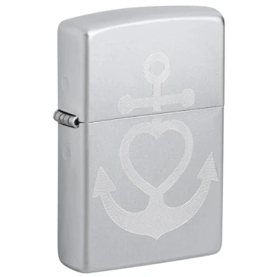 Image of Zippo Windproof Lighter Heart Anchor Design Satin Chrome Refillable for Lifetime Use Gift Box Metal Construction Made in USA, One Size
