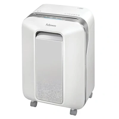 Image of Fellowes Paper Shredder for Home Office Use 100% Jam Proof 12 Sheet Micro Cut Deskside with Large 22L Pull Out Bin Powershred LX201 DIN Level P5 White