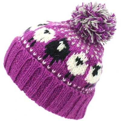 Image of LOUDelephant Wool Knit Bobble Beanie Hat Sheep Pink White