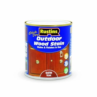 Image of Rustins Quick Dry Outdoor Wood Stain Satin Teak 500ml Durable and Weather Resistant Finish, Fast Drying, Vibrant Color for Decks, Fences, &amp; Furniture, Available in Many Shades