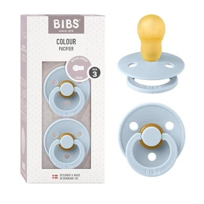 Image of BIBS Colour Soother 2 Pack, BPA Free Dummy Pacifier, Round Nipple. Natural Rubber Latex, Made in Denmark, Size 3 (18+ Months), Baby Blue