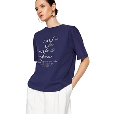 Image of Trendyol Women Relaxed fit Basic Crew Neck Knit T Shirt,Navy Blue,M