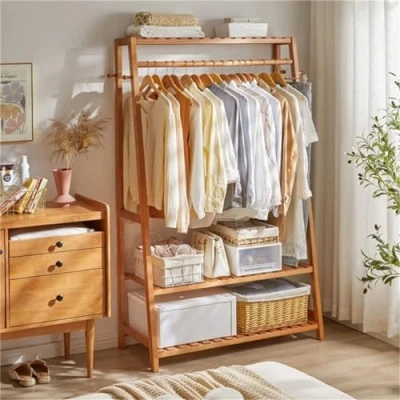 Image of unho Bamboo Clothes Rail Rack: Free Standing Garment Rack with 3 Storage Shelves 10 Hooks Portable Open Wardrobe Clothing Organizer for Shoes Hats Bags in Entryway Bedroom Living Room