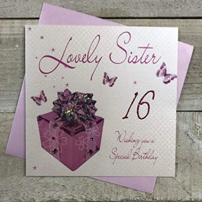 Image of WHITE COTTON CARDS Pink Present, Lovely Sister 16 Wishing You A Special Handmade 16th Birthday Card, White, WB190