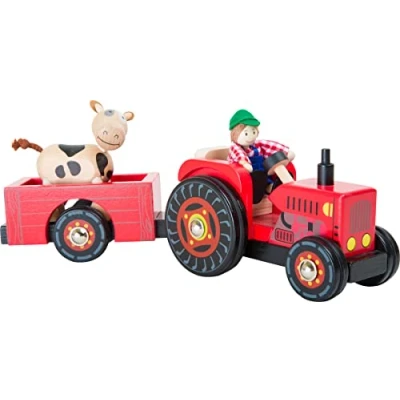 Image of Small Foot 10316 Wooden Tractor with Trailer Farm, farmer &amp; cow bending figurines and rubber wheels, for ages 3+