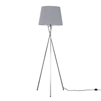 Image of MiniSun Modern Polished Chrome Metal Tripod Floor Lamp with a Grey Tapered Shade