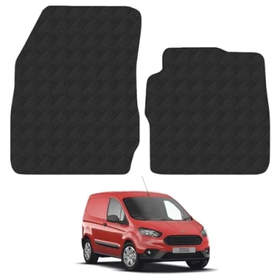 Image of Floor Mats for Ford Transit Courier (2014+) 5mm Rubber Tailored Fit Van Mat Set Black Accessory Custom Fitted 2 Pieces Front Anti Slip, Heavy Duty &amp; Waterproof