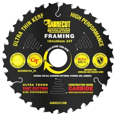 Image of 1 x SCCSN30184_24 SabreCut 184mm 24T 30mm Bore High Performance Ultra Thin Kerf Wood Plywood MDF Chipboard Framing Circular Saw Blade Compatible with Dewalt Makita Milwaukee and Many Others