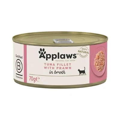 Image of Applaws 100% Natural Wet Cat Food Tins, Tuna Fillet with Prawn in Broth 70 g for Adult Cats (24 x Tins)