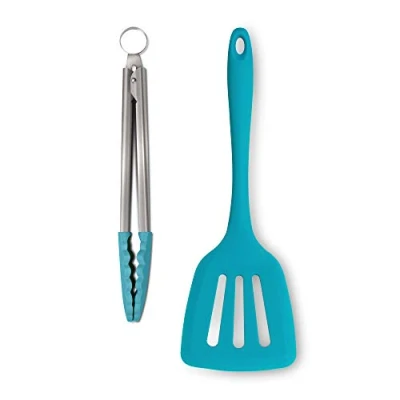 Image of Zeal JSET3A Non Stick Silicone Cooking Turner &amp; Food Tongs 2 Piece Set Aqua