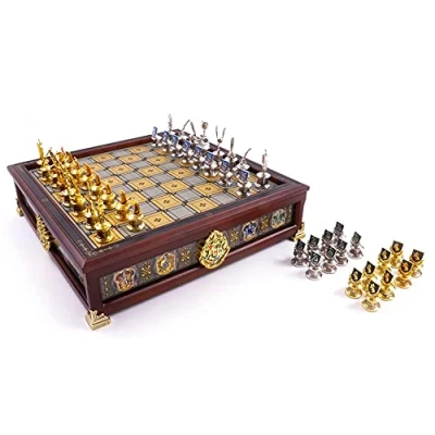 Image of The Noble Collection Harry Potter Quidditch Chess Set Silver &amp; Gold Plated Hardwood Board with 4 Hogwarts House Piece Sets Officially Licensed Movie Props Gifts