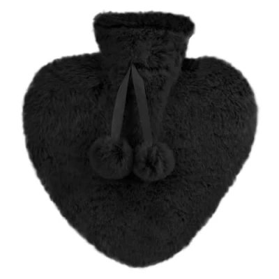 Image of A2Z Hot Water Bottle 800ML Black Heart Shaped Plush Faux Fur Pom Fleece Cover Bag for Pain Relief Cosy Nights and Relaxation