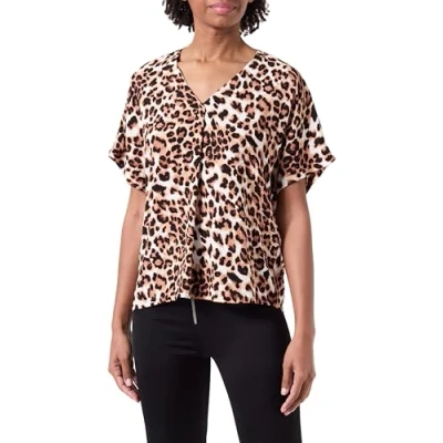 Image of VERO MODA Women&#039;s Vmeasy Joy SS V Neck top WVN Ga, Tan/AOP: Leo, XS
