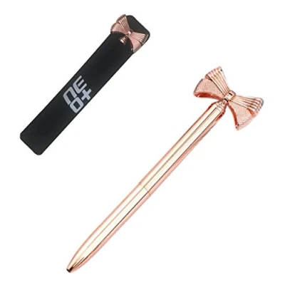 Image of NEO+ Quality metal bow ballpoint pen in rose gold. Stylish design, refill and pouch included.