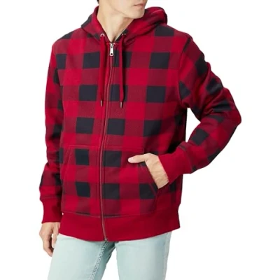 Image of Amazon Essentials Men&#039;s Full Zip Fleece Hoodie (Available in Big &amp; Tall), Black Red Buffalo Plaid, XL