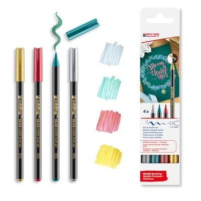 Image of edding 1340 metallic brush pen Christmas set 4 pens flexible nib 1 6 mm glitter marker for lettering, drawing and sketching high opcaity even on darker paper