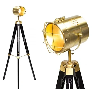 Image of Modern Industrial Spotlight Vintage Tripod Floor Lamp Metal Wooden Nautical Standing Searchlight Reading Room Light