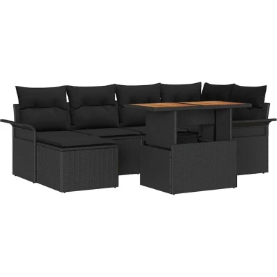 Image of vidaXL 7 Piece Garden Dining Set with Cushions Black Poly Rattan Acacia