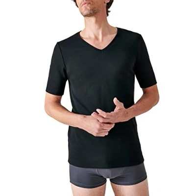 Image of Damart Men&#039;s T Shirt Col V Manches Courtes Maille Classique The Thermal Top, Black, S
