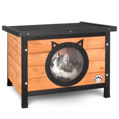 Image of VOUNOT Cat House Garden Wooden Kitten Home with Ear Design Door, Water resistant Openable Roof Outdoor Pet Shelter 57x45x43cm