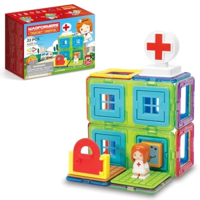 Image of Magformers Town Hospital Magnetic Building Blocks With Nurse Character. STEM and Roleplay Toy.