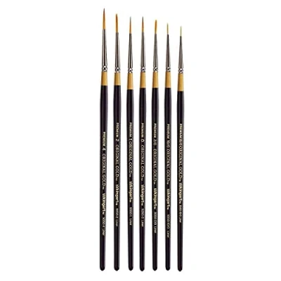 Image of KINGART B 018 Premium 7 pc. Original Gold 9350 Series Liner Brush Set, Synthetic Golden Taklon for Acrylic, Oil, Watercolor Paint, Short Handle, Brushes Sizes: 18/0, 10/0, 2/0, 0, 1, 2, 4