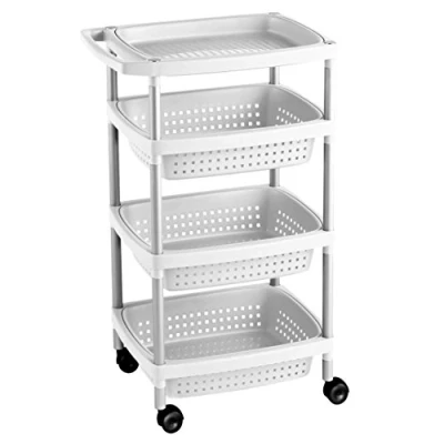 Image of TATAY Vegetable trolley with 4 levels, white matt, wheels and 3 baskets 1 upper floor, removable. Made of BpA free plastic material