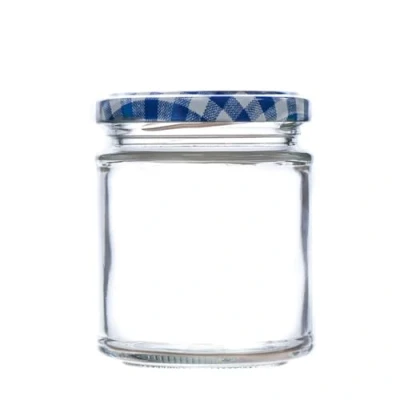 Image of 190ml Deluxe Glass Food Jam Jars with Airtight Lids suitable for Marmalade, Honey and Home Preserving (Blue Gingham Lid, Pack of 100)
