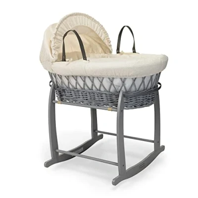 Image of Clair de Lune Waffle Grey Wicker Moses Basket with Deluxe Rocking Stand 68 x 30 cm (Cream)
