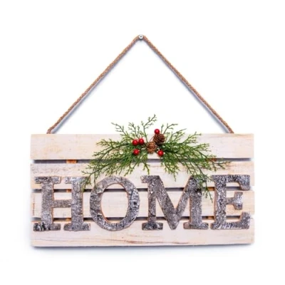 Image of Christmas Hanging Wall Sign HOME Letters in Wooden Frame, 20x40cm Decorative Plaque, Holiday Art for Home,Door,Wall, Festive Décor