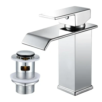 Image of WasserRhythm Bathroom Basin Taps Waterfall Mixer Tap with Pop up Waste Moder Single Lever Chrome Sink