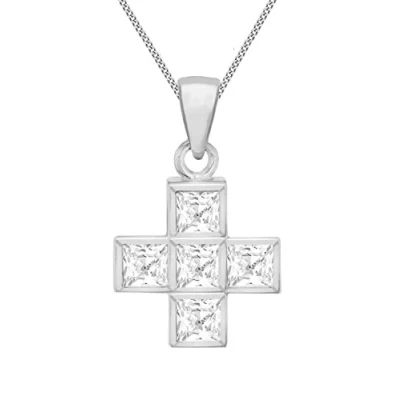 Image of Tuscany Silver Women&#039;s Sterling Square White Cubic Zirconia Cross Pendant on Curb Chain of 46cm/18&quot;