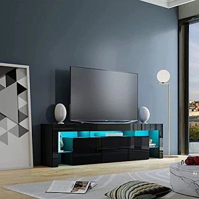 Image of LED TV Stand, 200CM Cabinet Modern High Gloss Unit with 2 Drawers and Doors for Bedroom Living Room Home Furniture (Black)