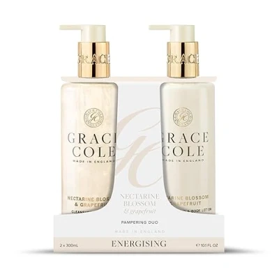 Image of Grace Cole Nectarine Blossom &amp; Grapefruit Hand Duo Gift Set 1 x Wash, Body Lotion 300ml Essential Oils Vegan Made In England