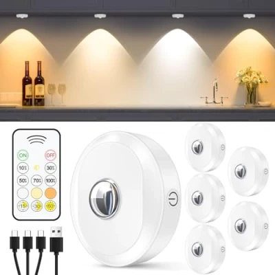 Image of WILLED Rechargeable Puck Lights with Remote, LED USB Under Cabinet Kitchen Lights, 3 Color Temperatures, Timing Function, Dimmable Cupboard Wireless Stick on 6 Pack