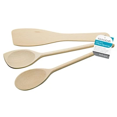 Image of KitchenCraft Wooden Cooking Utensils, Sustainable Beechwood, Set of 3 Kitchen Tools