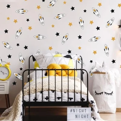 Image of Stickerscape Rocket Wall Stickers (Orange and White Rockets) Planet Decals, Space for Walls, Decor Easy to Apply, Cleanly Removable