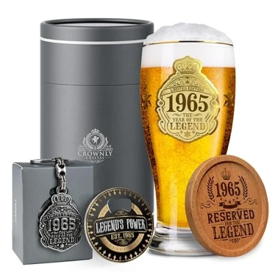 Image of CROWNLY CRYSTAL® 1965 60th Birthday Gifts for Men Personalised Beer Glasses Pint Decorations Ideas Uncle Him Mens Presents