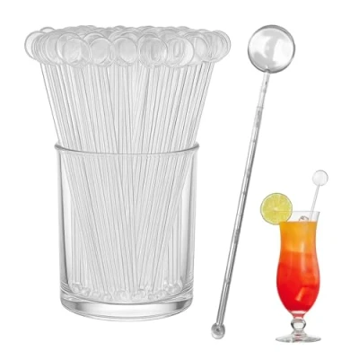 Image of Chabrias.ltd Clear UK Made Reusable Plastic Cocktail Disk Stirrers Premium Quality Stir Sticks for Mixing and Garnishing Drinks (Clear) 250pc