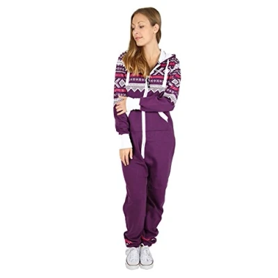 Image of Parsa Fashions New Womens Ladies Aztec Print Hooded Zip Up Onesie Jumpsuit Plus Size, Purple, S UK 8