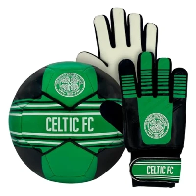 Image of Celtic FC Official Junior Set Size 4 Football &amp; Boys Goalkeeper Gloves
